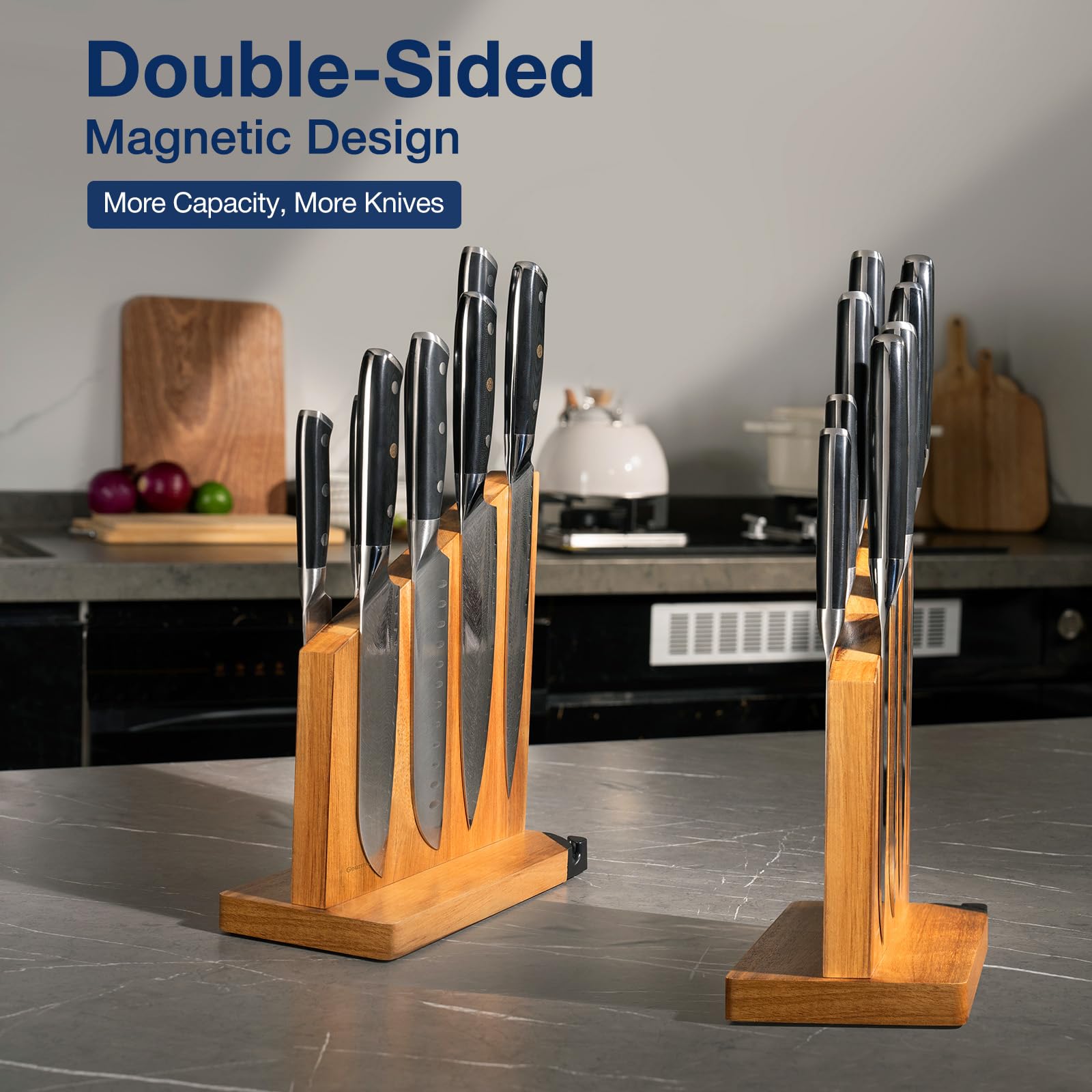 Magnetic Knife Block, Magnetic Knife Holder with Built-in Sharpener, 100% Acacia Wood Magnetic Knife Block Without Knives, Double-Sided Magnetic Knife Holder for Countertop, Dark Wood