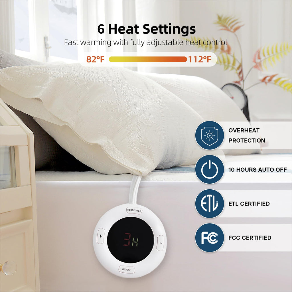 Gotcozy Heated Mattress Pad King Size Dual Control - Electric Mattress Pad Fit up to 15‘’ with 6 Heat Setting & 10 Hour Auto Off ETL Certified Machine Washable(White)