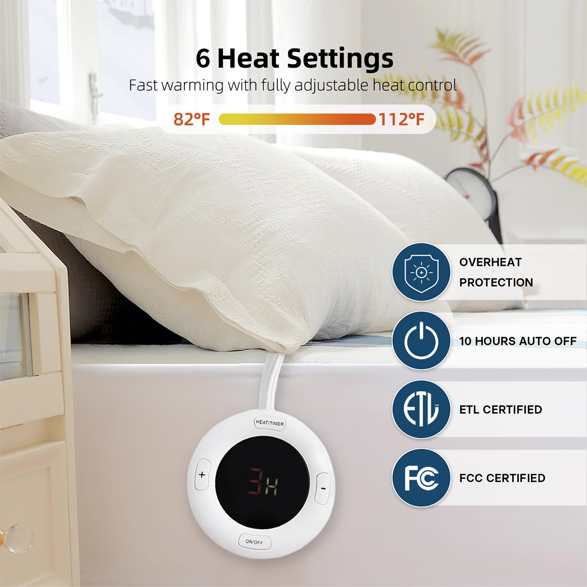 Gotcozy Heated Mattress Pad King Size Dual Control - Electric Mattress Pad Fit up to 15‘’ with 6 Heat Setting & 10 Hour Auto Off ETL Certified Machine Washable(White)