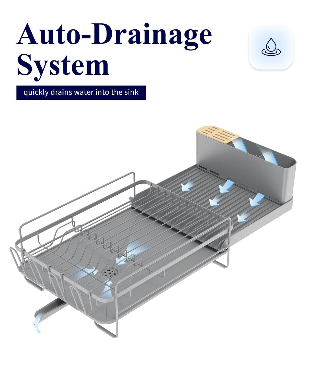 Kitsure Large Dish Drying Rack - Extendable Stainless Steel, Anti-Rust Kitchen Counter Rack with Cutlery & Cup Holders, 67.8 x 32.8 x 15.0cm, Black