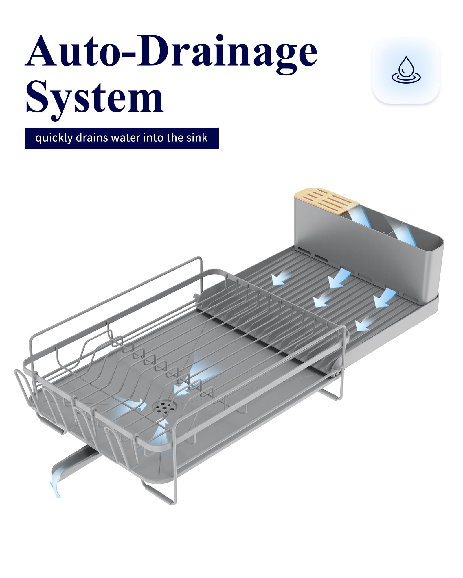 Kitsure Large Dish Drying Rack - Extendable Stainless Steel, Anti-Rust Kitchen Counter Rack with Cutlery & Cup Holders, 67.8 x 32.8 x 15.0cm, Black