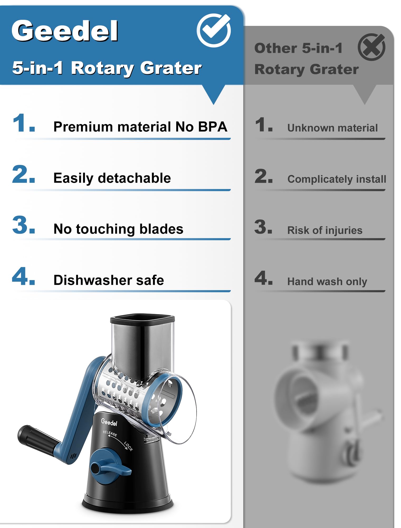 Geedel Rotary Cheese Grater, Mandoline Vegetable Slicer with 5 Interchangeable Blades, Easy to Use Rotary Grater Slicer for Fruit, Vegetables, Nuts