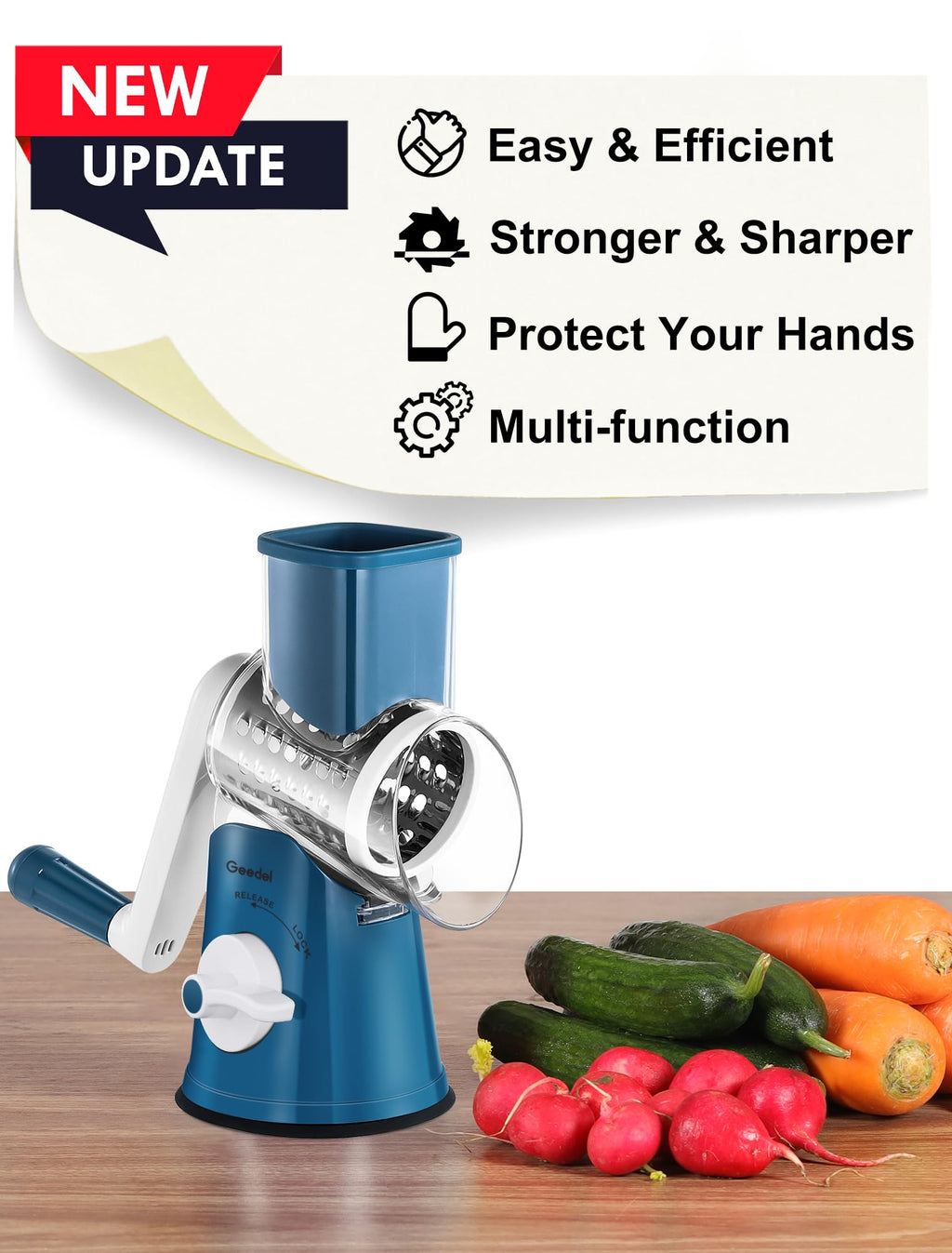 Geedel Rotary Cheese Grater, Mandoline Vegetable Slicer with 5 Interchangeable Blades, Easy to Use Rotary Grater Slicer for Fruit, Vegetables, Nuts