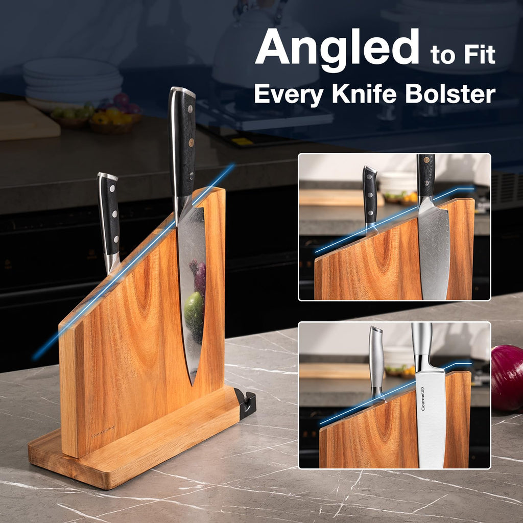 Magnetic Knife Block, Magnetic Knife Holder with Built-in Sharpener, 100% Acacia Wood Magnetic Knife Block Without Knives, Double-Sided Magnetic Knife Holder for Countertop, Dark Wood