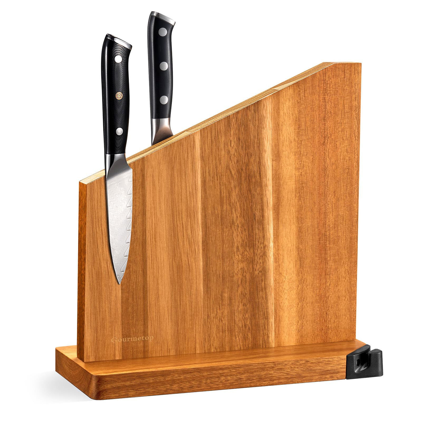 Magnetic Knife Block, Magnetic Knife Holder with Built-in Sharpener, 100% Acacia Wood Magnetic Knife Block Without Knives, Double-Sided Magnetic Knife Holder for Countertop, Dark Wood