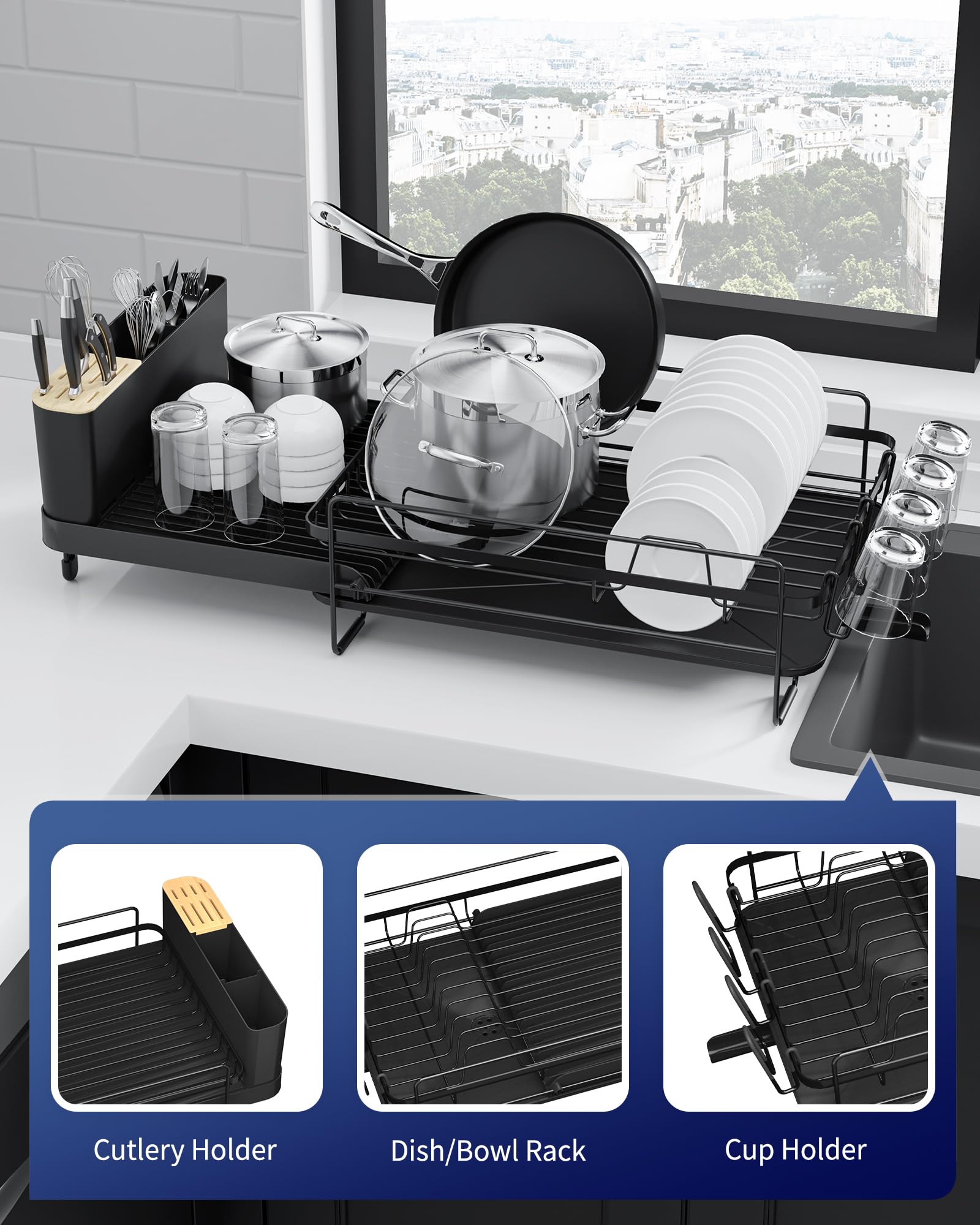 Kitsure Large Dish Drying Rack - Extendable Stainless Steel, Anti-Rust Kitchen Counter Rack with Cutlery & Cup Holders, 67.8 x 32.8 x 15.0cm, Black
