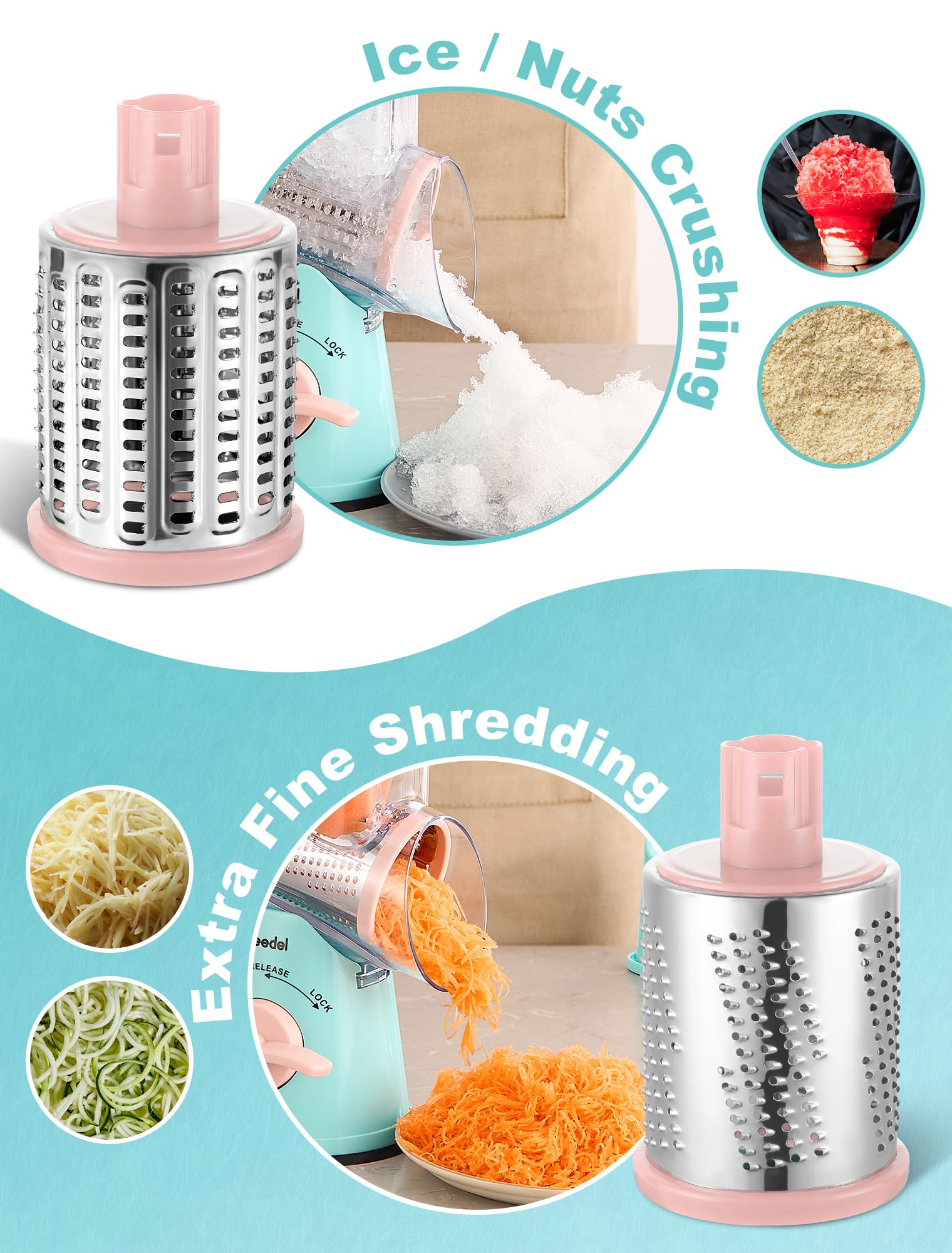 Geedel Rotary Cheese Grater, Mandoline Vegetable Slicer with 5 Interchangeable Blades, Easy to Use Rotary Grater Slicer for Fruit, Vegetables, Nuts