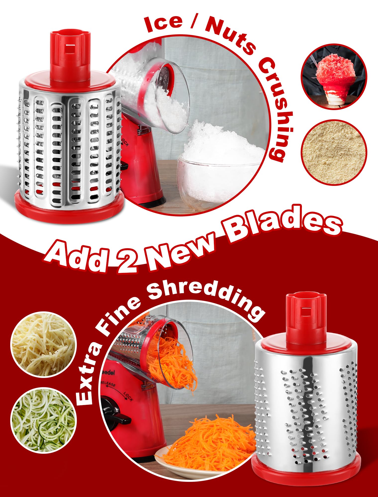 Geedel Rotary Cheese Grater, Mandoline Vegetable Slicer with 5 Interchangeable Blades, Easy to Use Rotary Grater Slicer for Fruit, Vegetables, Nuts