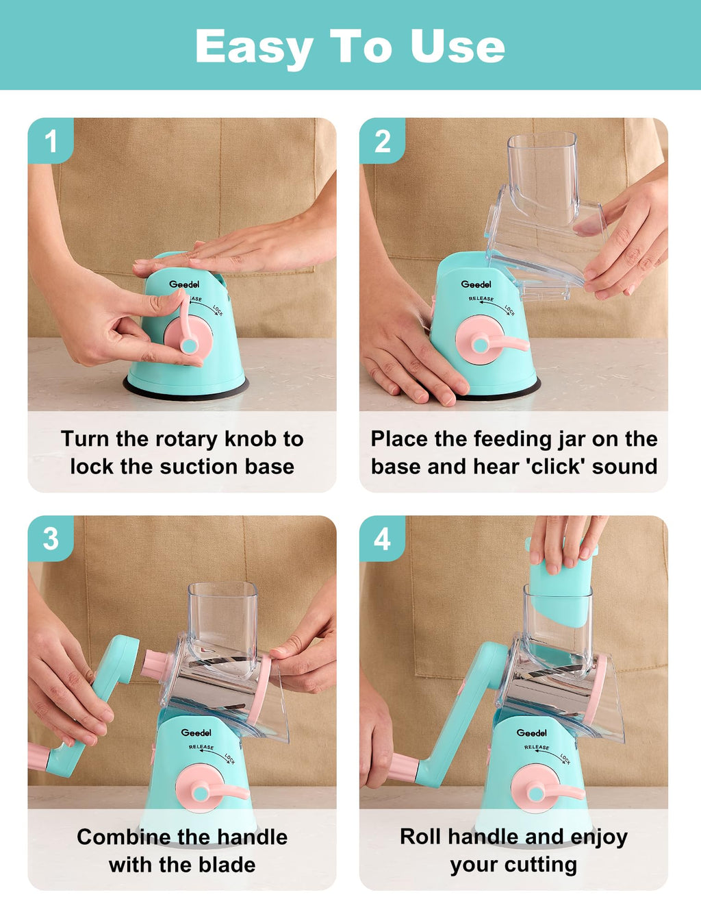 Geedel Rotary Cheese Grater, Mandoline Vegetable Slicer with 5 Interchangeable Blades, Easy to Use Rotary Grater Slicer for Fruit, Vegetables, Nuts