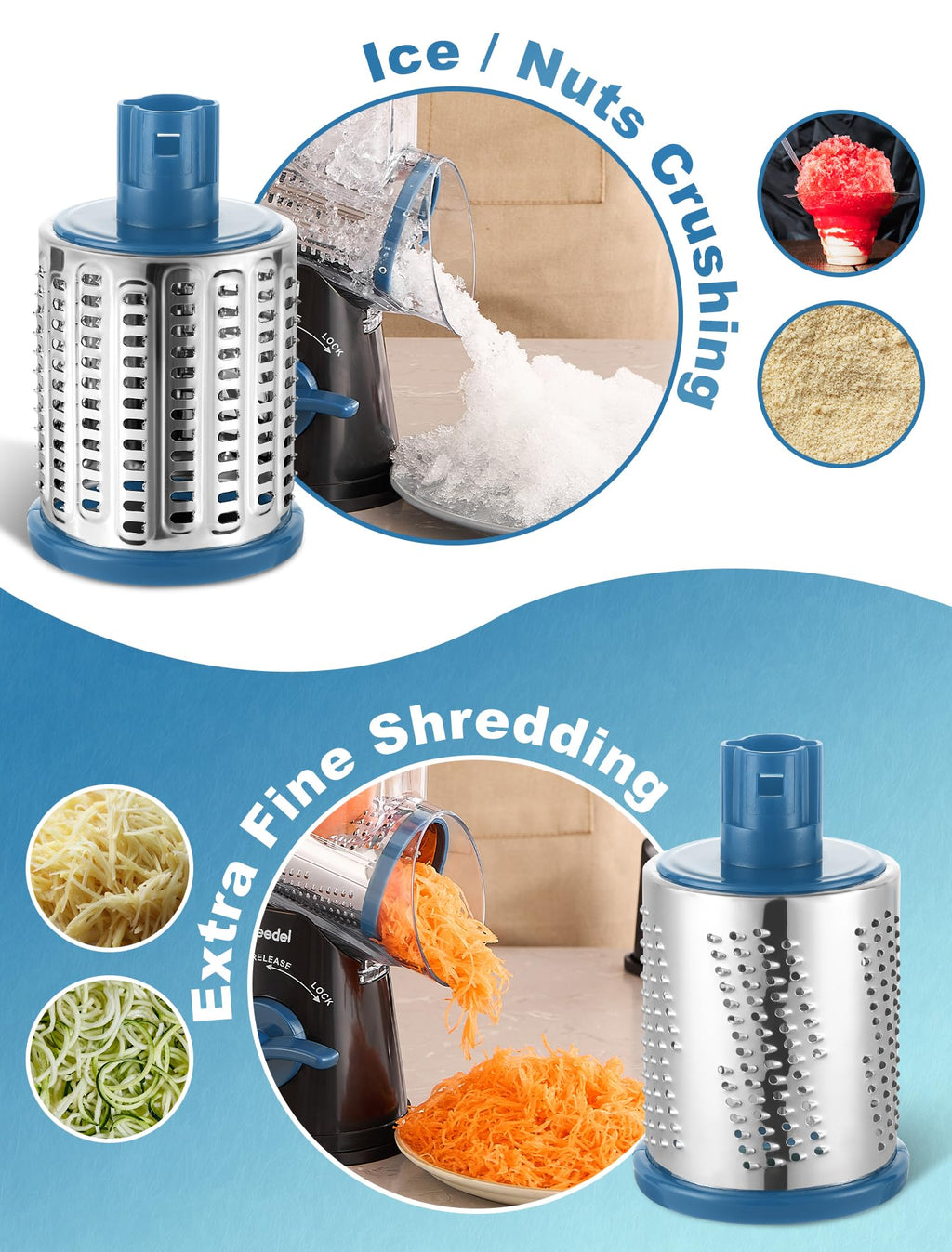 Geedel Rotary Cheese Grater, Mandoline Vegetable Slicer with 5 Interchangeable Blades, Easy to Use Rotary Grater Slicer for Fruit, Vegetables, Nuts