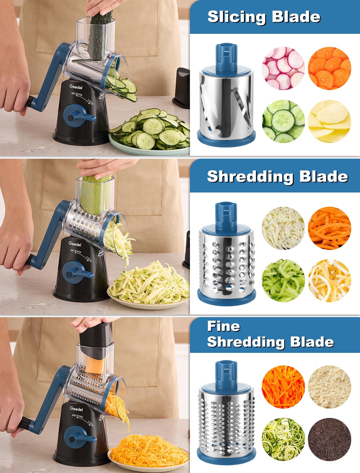 Geedel Rotary Cheese Grater, Mandoline Vegetable Slicer with 5 Interchangeable Blades, Easy to Use Rotary Grater Slicer for Fruit, Vegetables, Nuts