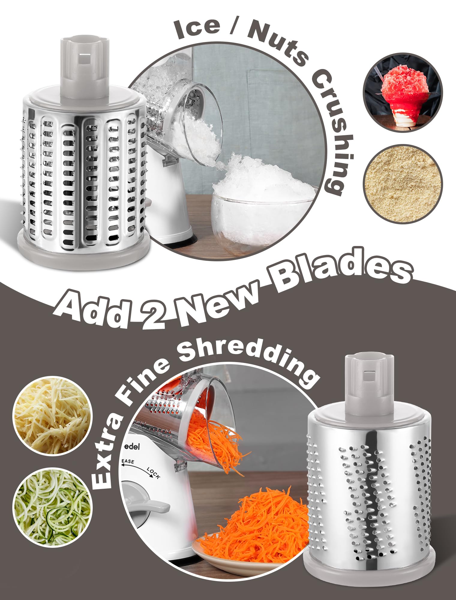 Geedel Rotary Cheese Grater, Mandoline Vegetable Slicer with 5 Interchangeable Blades, Easy to Use Rotary Grater Slicer for Fruit, Vegetables, Nuts