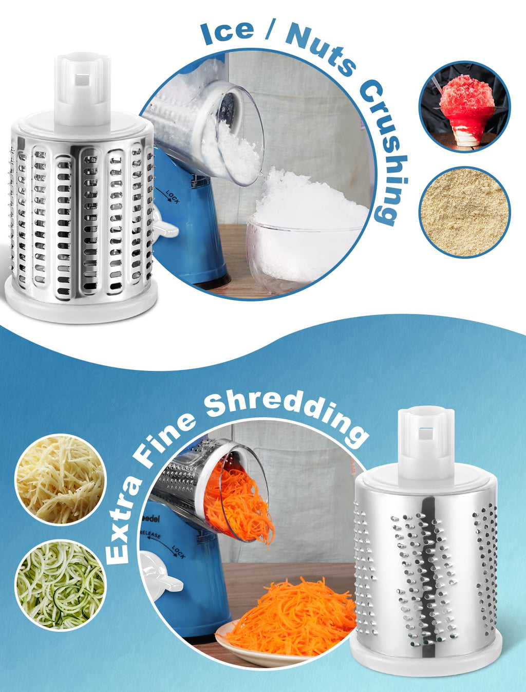 Geedel Rotary Cheese Grater, Mandoline Vegetable Slicer with 5 Interchangeable Blades, Easy to Use Rotary Grater Slicer for Fruit, Vegetables, Nuts