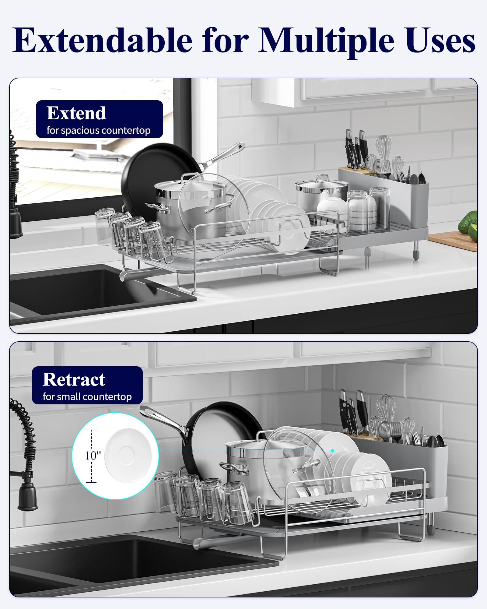 Kitsure Large Dish Drying Rack - Extendable Stainless Steel, Anti-Rust Kitchen Counter Rack with Cutlery & Cup Holders, 67.8 x 32.8 x 15.0cm, Black