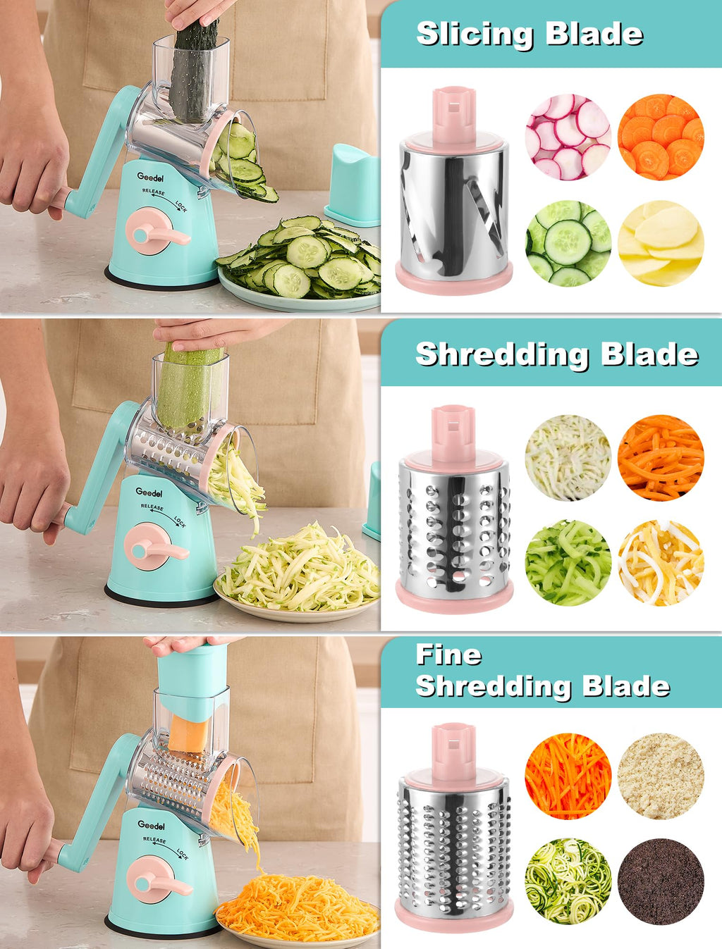 Geedel Rotary Cheese Grater, Mandoline Vegetable Slicer with 5 Interchangeable Blades, Easy to Use Rotary Grater Slicer for Fruit, Vegetables, Nuts