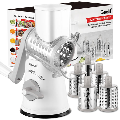Geedel Rotary Cheese Grater, Mandoline Vegetable Slicer with 5 Interchangeable Blades, Easy to Use Rotary Grater Slicer for Fruit, Vegetables, Nuts
