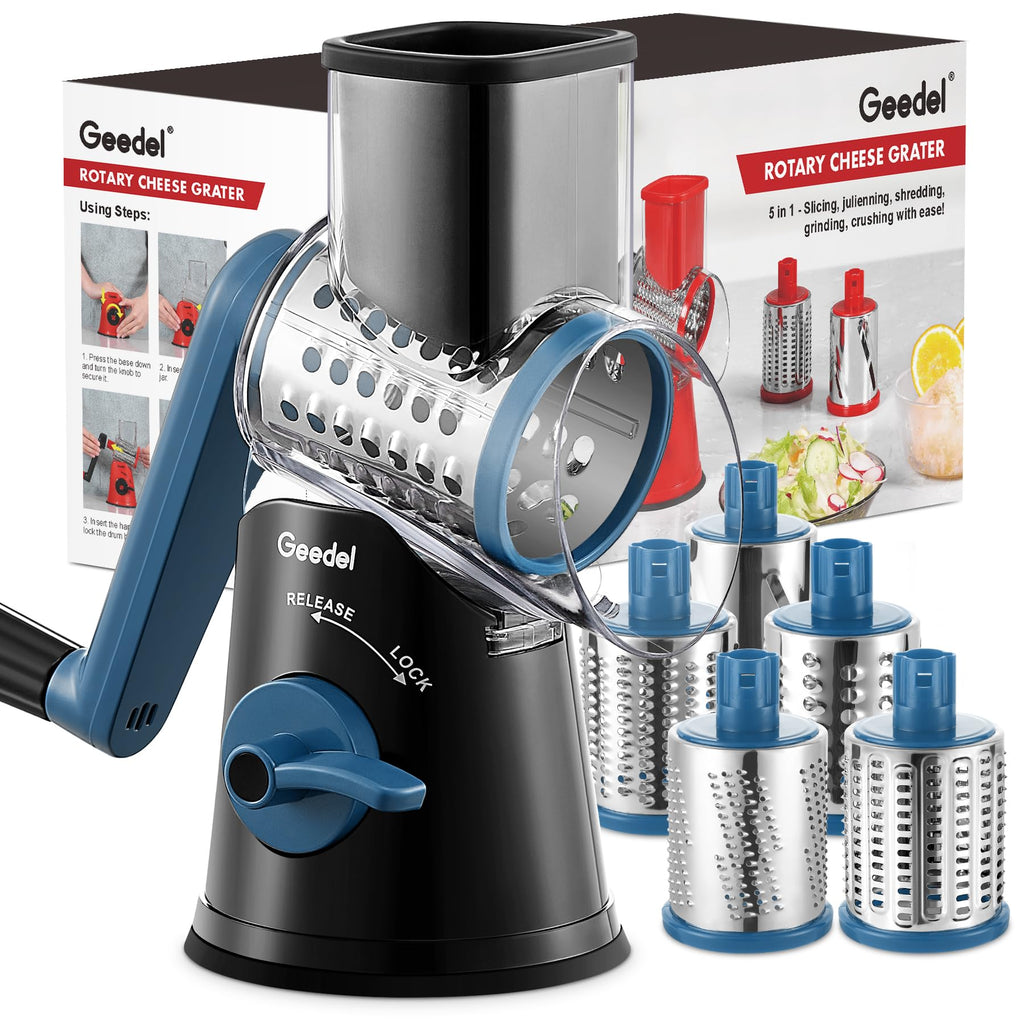 Geedel Rotary Cheese Grater, Mandoline Vegetable Slicer with 5 Interchangeable Blades, Easy to Use Rotary Grater Slicer for Fruit, Vegetables, Nuts