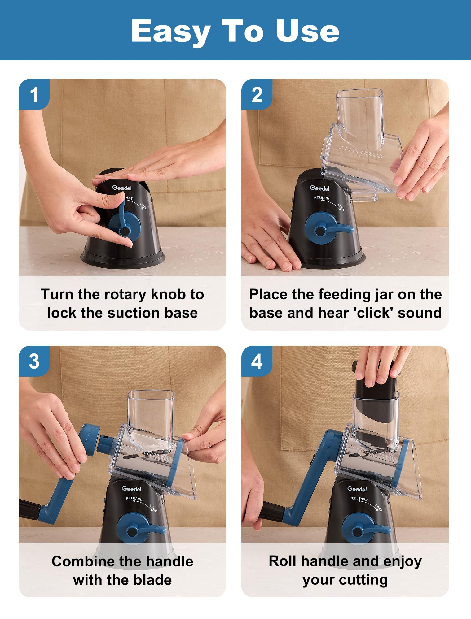 Geedel Rotary Cheese Grater, Mandoline Vegetable Slicer with 5 Interchangeable Blades, Easy to Use Rotary Grater Slicer for Fruit, Vegetables, Nuts