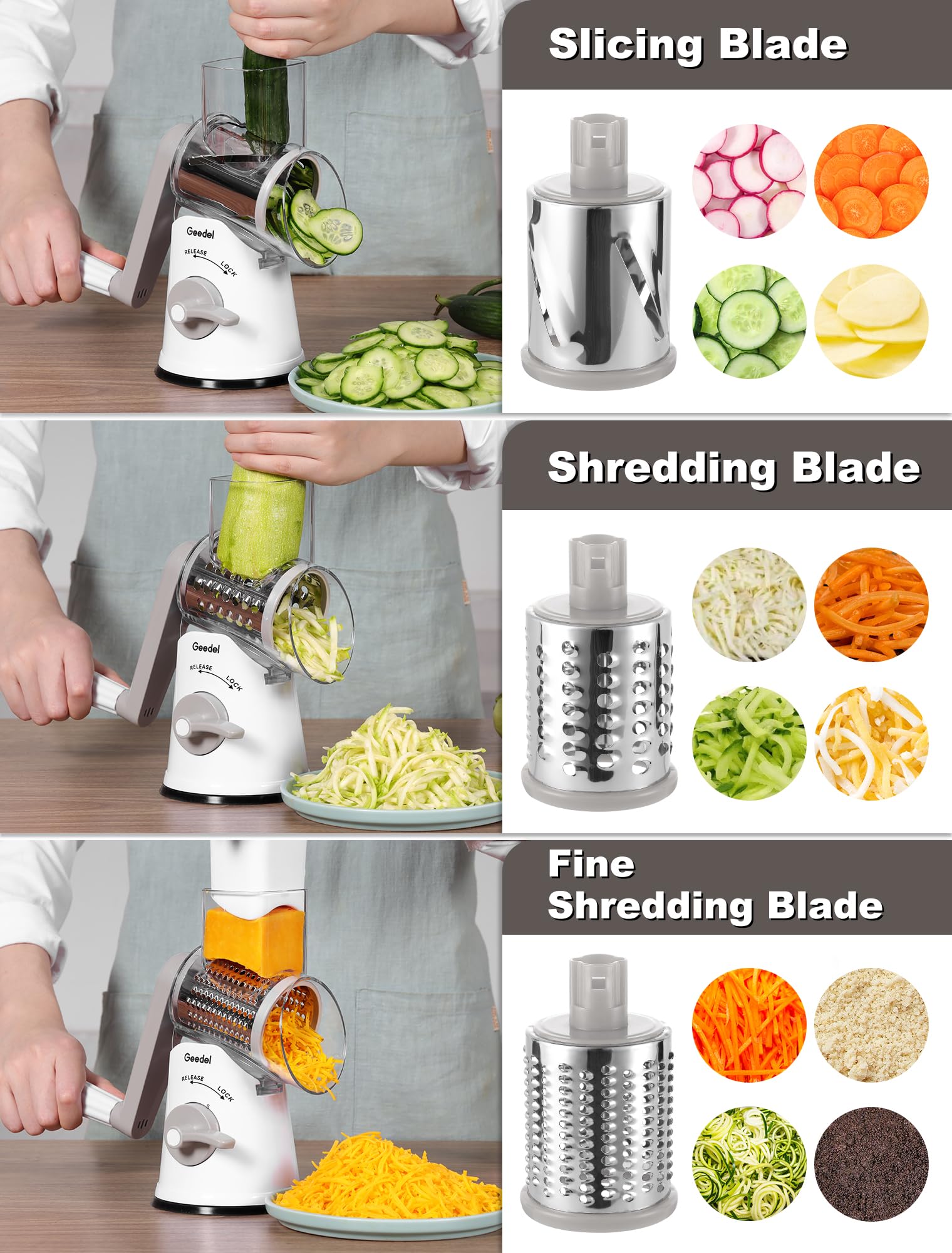 Geedel Rotary Cheese Grater, Mandoline Vegetable Slicer with 5 Interchangeable Blades, Easy to Use Rotary Grater Slicer for Fruit, Vegetables, Nuts