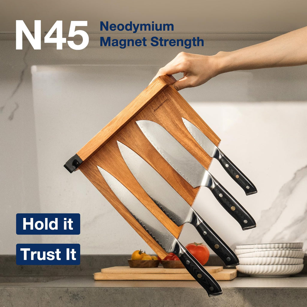 Magnetic Knife Block, Magnetic Knife Holder with Built-in Sharpener, 100% Acacia Wood Magnetic Knife Block Without Knives, Double-Sided Magnetic Knife Holder for Countertop, Dark Wood