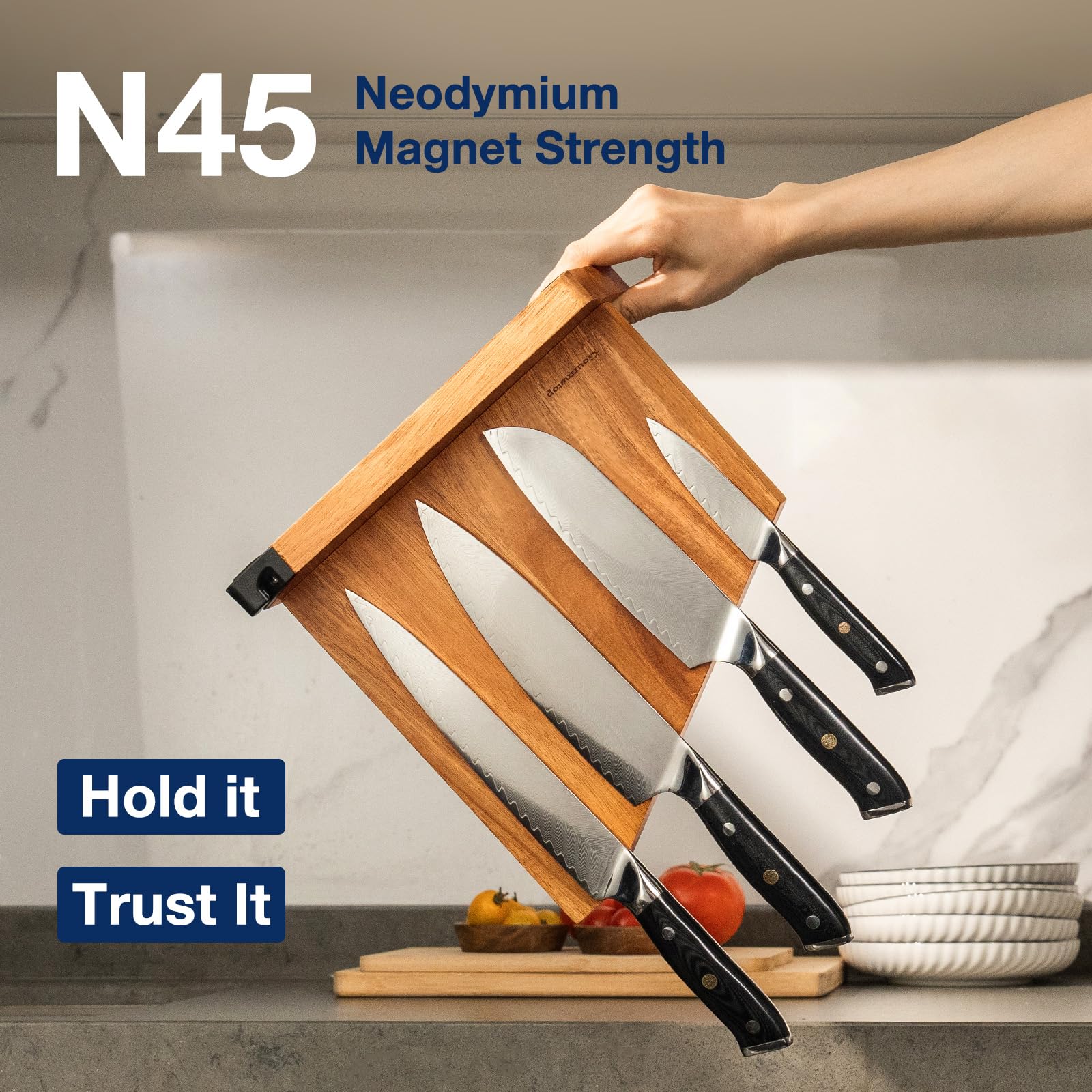 Magnetic Knife Block, Magnetic Knife Holder with Built-in Sharpener, 100% Acacia Wood Magnetic Knife Block Without Knives, Double-Sided Magnetic Knife Holder for Countertop, Dark Wood