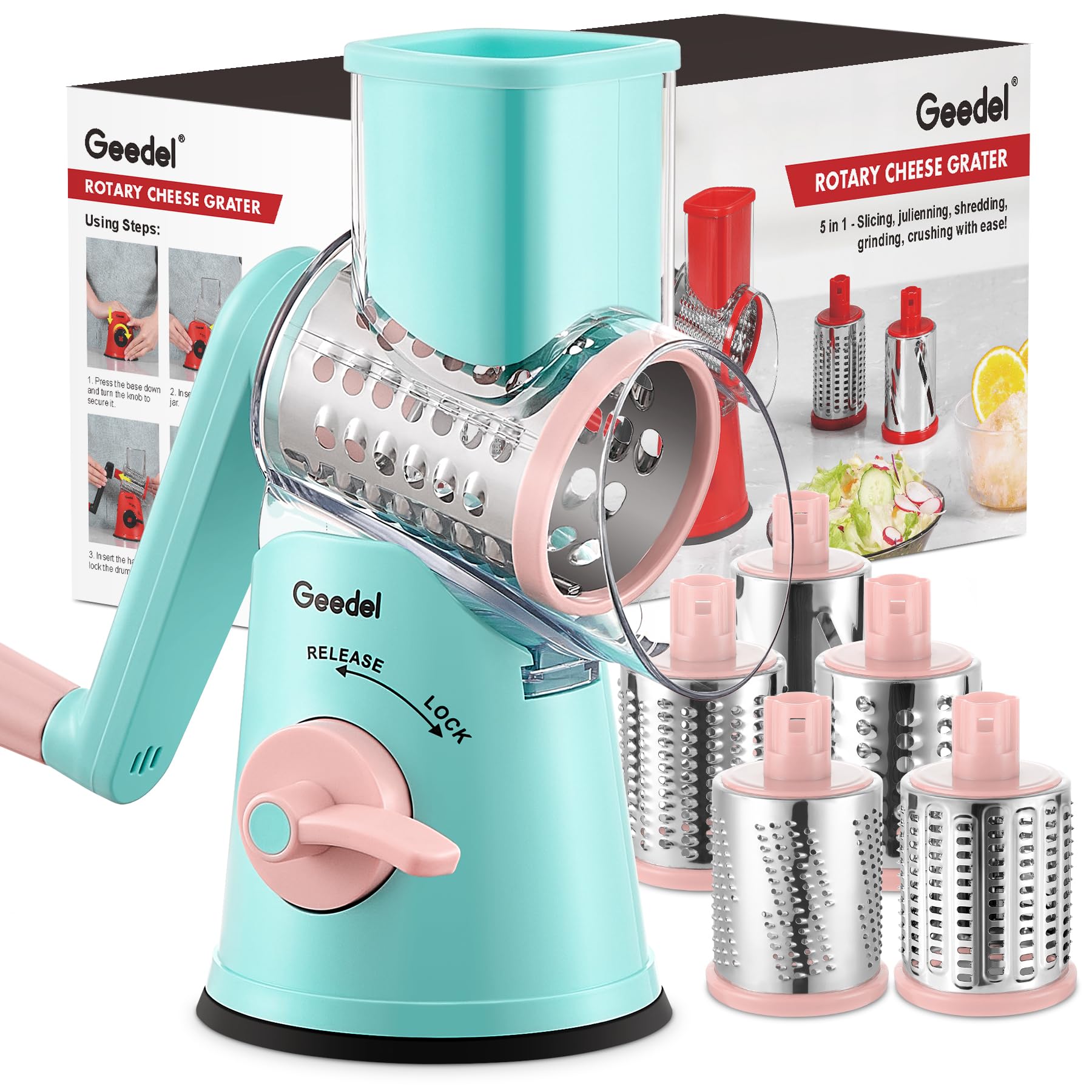 Geedel Rotary Cheese Grater, Mandoline Vegetable Slicer with 5 Interchangeable Blades, Easy to Use Rotary Grater Slicer for Fruit, Vegetables, Nuts