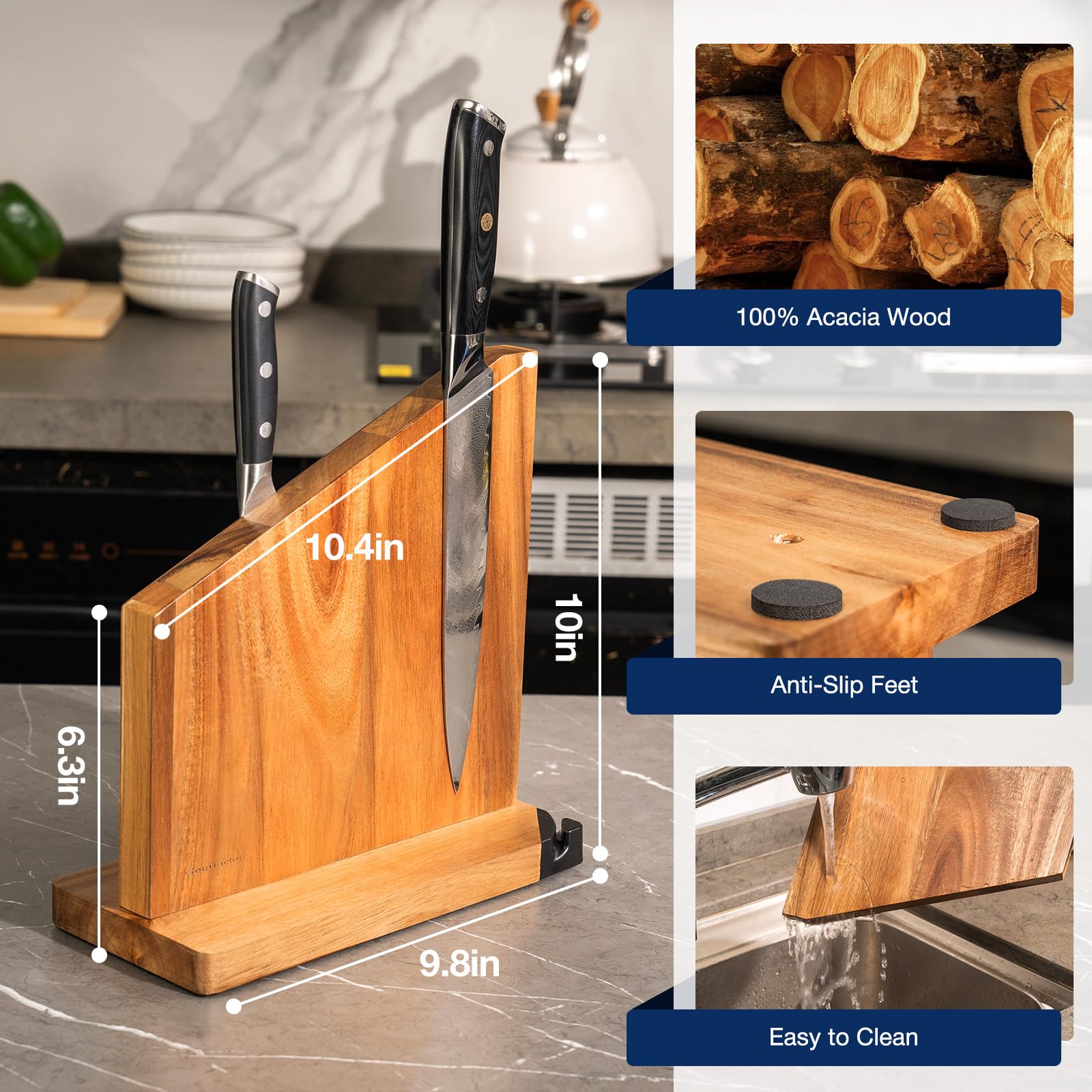 Magnetic Knife Block, Magnetic Knife Holder with Built-in Sharpener, 100% Acacia Wood Magnetic Knife Block Without Knives, Double-Sided Magnetic Knife Holder for Countertop, Dark Wood